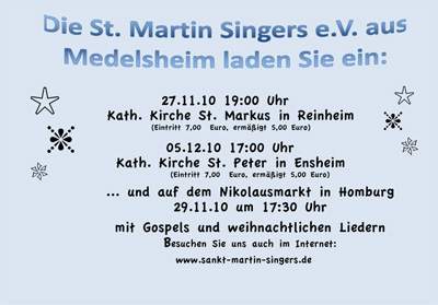 Weihnachtskonzerte mit den St. Martin-Singers aus Medelsheim